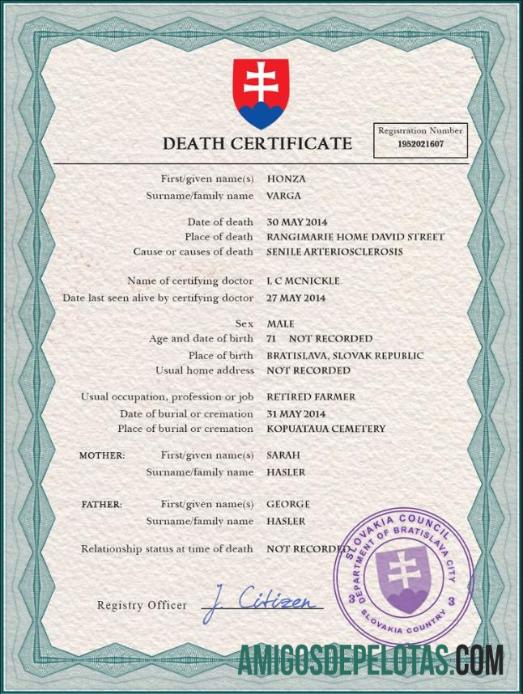 Para baixar modelo PSD de certidão de óbito de registro vital da Eslováquia